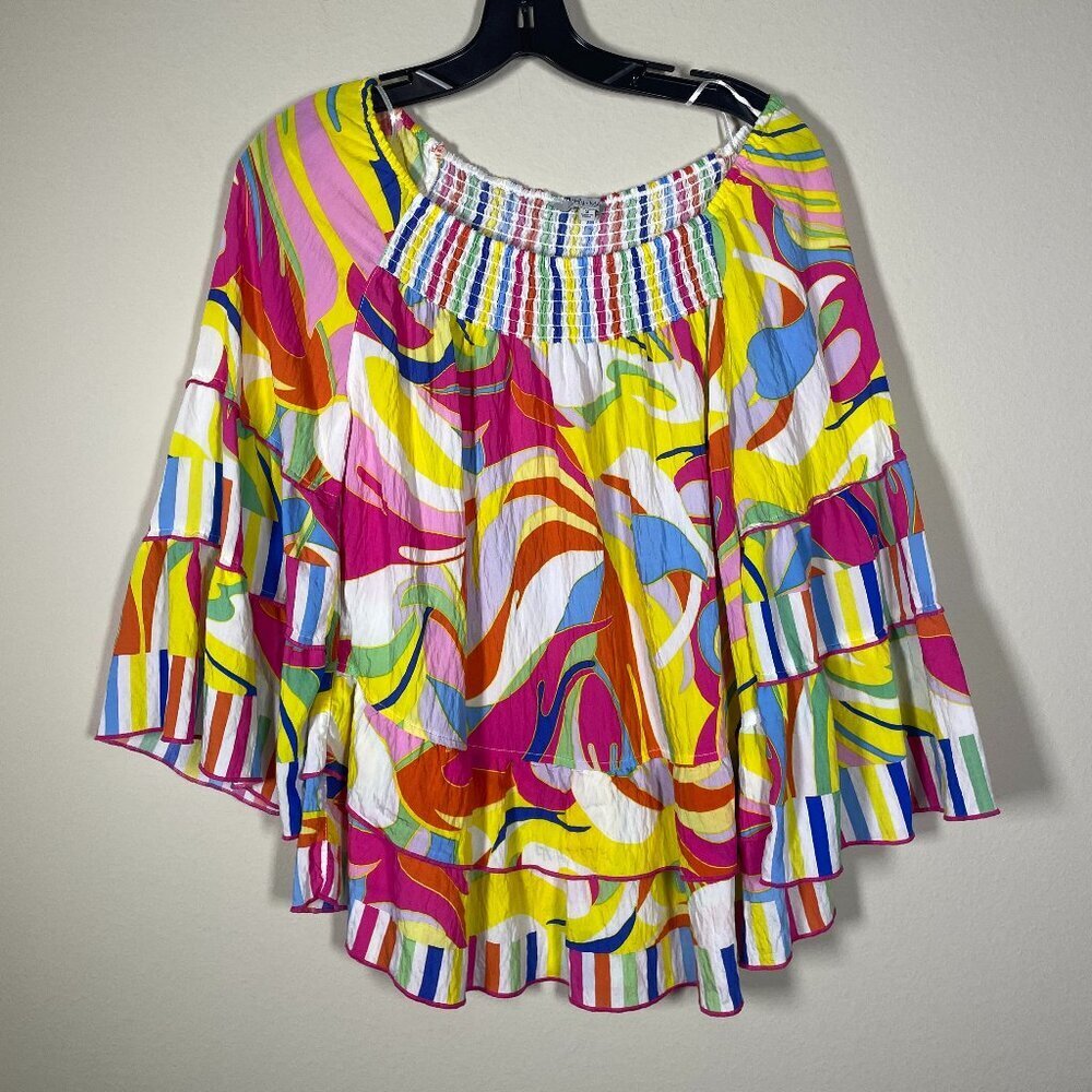 John Mark Women's Colorful Artsy 3/4 Bell Sleeve Retro Blouse Small Peplum